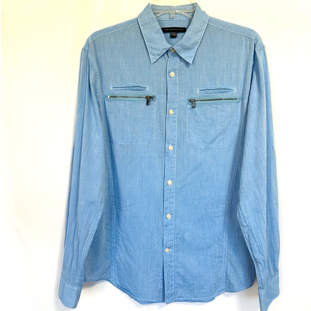 JOHN VARVATOS LIGHTWEIGHT LONG ROLL-TAB SLEEVE ZIP-POCKET BUTTON UP SHIRT SzM